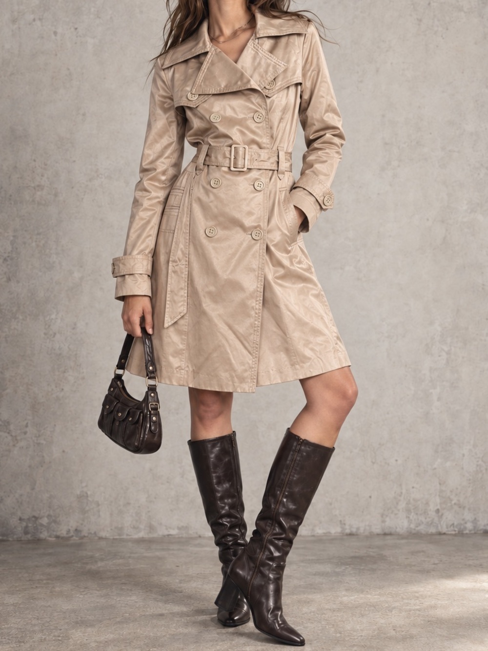 Bebe Champagne Metallic Trench Coat Belted Double Breasted Y2K Jacket